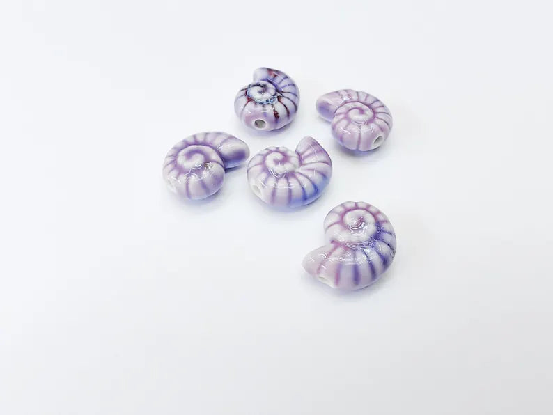 Purple Porcelain Nautilus Beads, Ceramic Shell Bead, Summer Sea Bead, Ocean Jewelry Supply, Beach Theme Beads, Ammonite Beads 20x16mm G37167