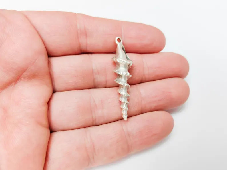 Spiky Spiral Shell Pendant, Long Sea Shell Charm, Silver Ocean Jewelry Supply, Beach Nautical Pendant, Antique Silver Plated 43x11mm G37185