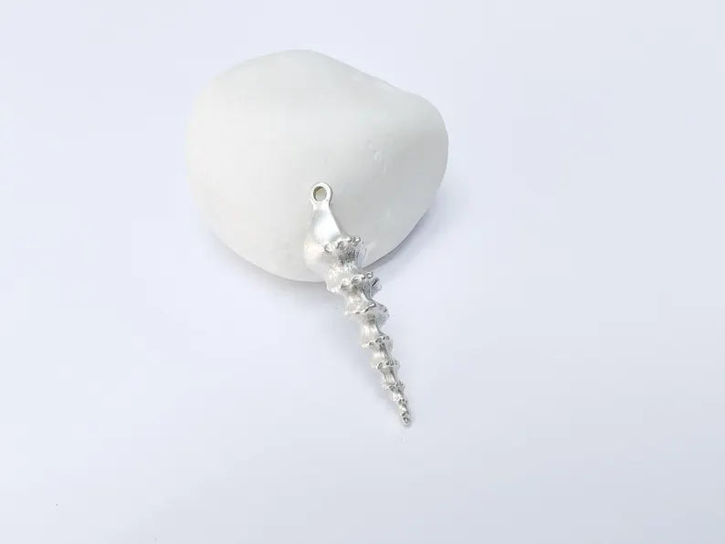 Spiky Spiral Shell Pendant, Long Sea Shell Charm, Silver Ocean Jewelry Supply, Beach Nautical Pendant, Antique Silver Plated 43x11mm G37185