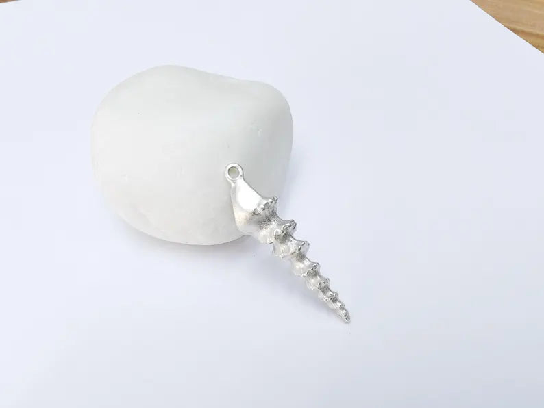 Spiky Spiral Shell Pendant, Long Sea Shell Charm, Silver Ocean Jewelry Supply, Beach Nautical Pendant, Antique Silver Plated 43x11mm G37185