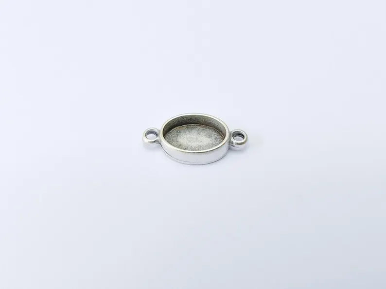 2 Oval Bezel Connector, Double Loop Cabochon Blank, Resin Bases, Mosaic Mounting, Polymer Clay Setting, Antique Silver Plated 14x10mm G37189