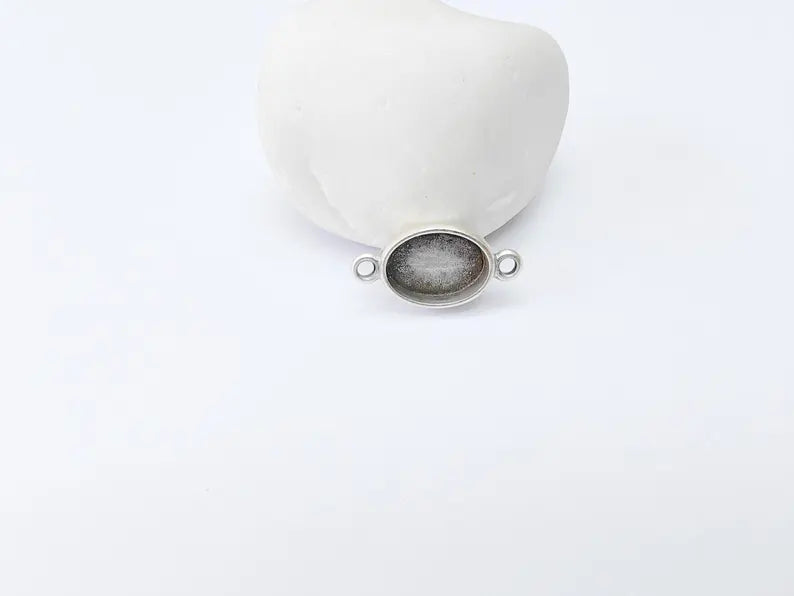 2 Oval Bezel Connector, Double Loop Cabochon Blank, Resin Bases, Mosaic Mounting, Polymer Clay Setting, Antique Silver Plated 14x10mm G37189