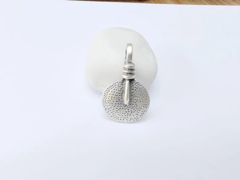 Tribal Pendant, Rustic Round Charm, Textured Pendant for Necklace, Ethnic Boho Tribal Jewelry, Antique Silver Plated 48x28mm G37190