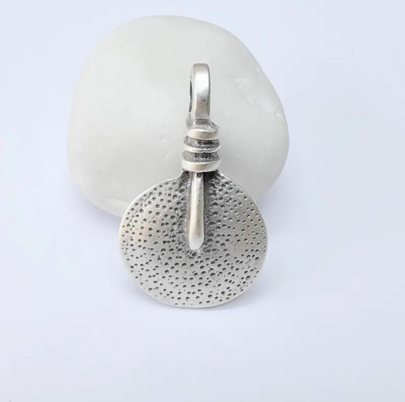 Tribal Pendant, Rustic Round Charm, Textured Pendant for Necklace, Ethnic Boho Tribal Jewelry, Antique Silver Plated 48x28mm G37190