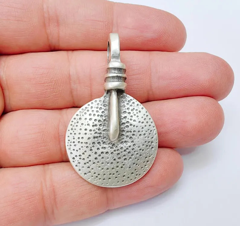 Tribal Pendant, Rustic Round Charm, Textured Pendant for Necklace, Ethnic Boho Tribal Jewelry, Antique Silver Plated 48x28mm G37190
