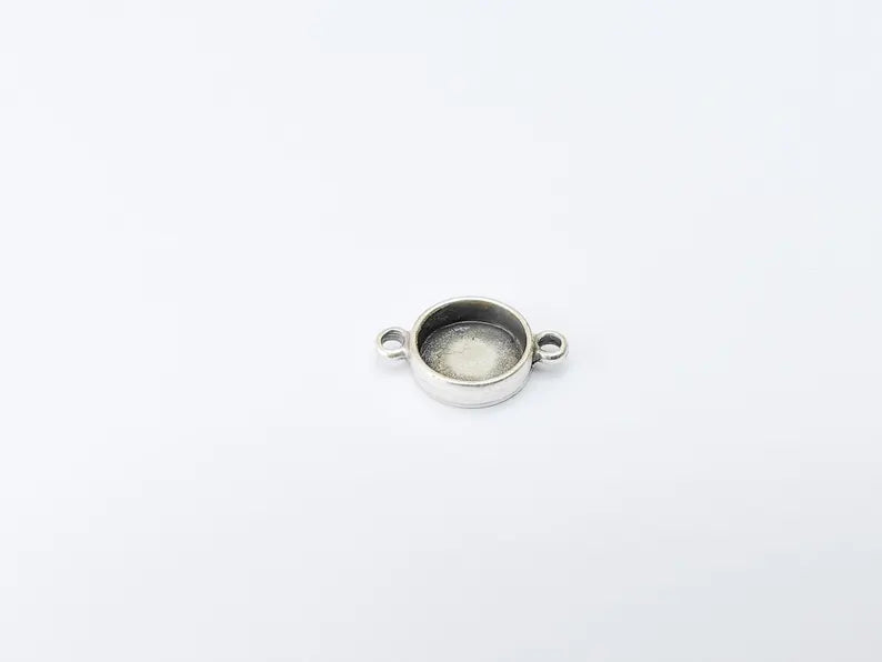 5 Round Bezel Connector, Double Loop Cabochon Blank, Resin Bases, Mosaic Mountings, Polymer Clay Setting, Antique Silver Plated (8mm) G37191