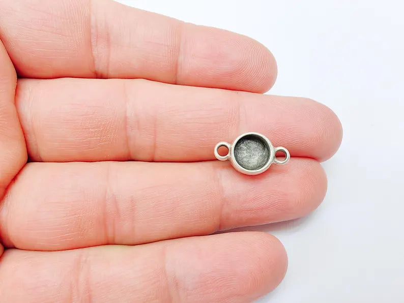 5 Round Bezel Connector, Double Loop Cabochon Blank, Resin Bases, Mosaic Mountings, Polymer Clay Setting, Antique Silver Plated (8mm) G37191