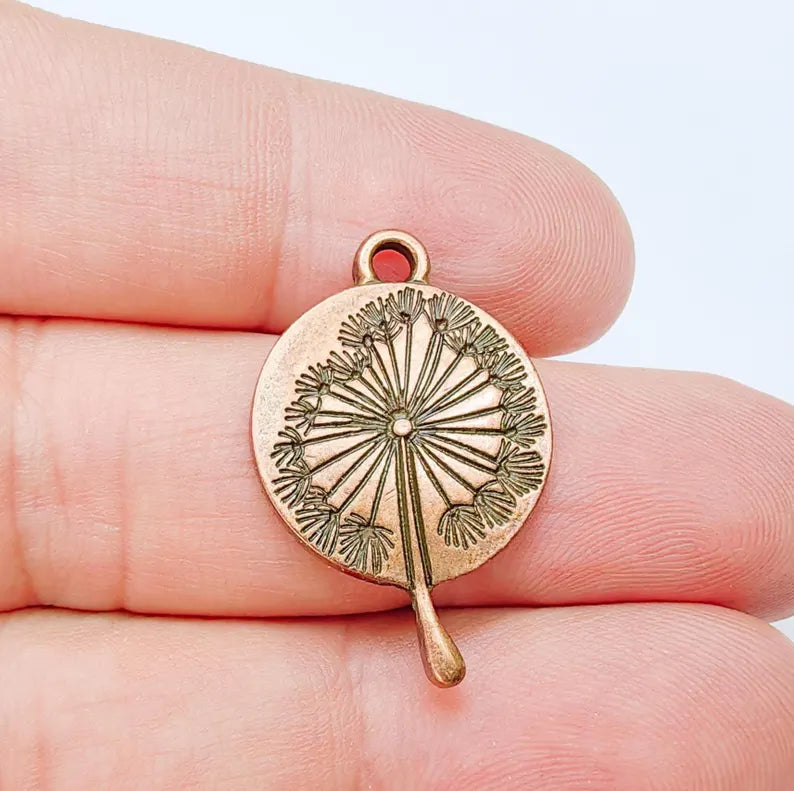 Dandelion Pendant, Botanical Wish Flower Charm, Boho Nature Necklace Part, Earring Making Supply, Antique Copper Plated 29x19mm G37194