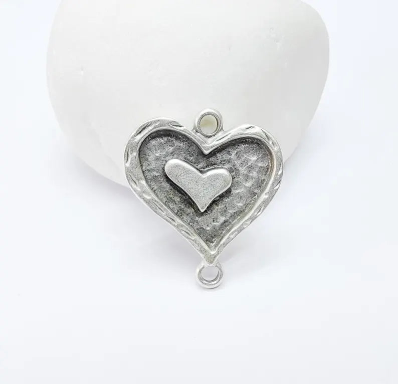 Double Heart Connector Charm, Heart Pendant, Romantic Boho Jewelry, DIY Bracelet Craft, Love Symbol, Antique Silver Plated 27x24mm G37195