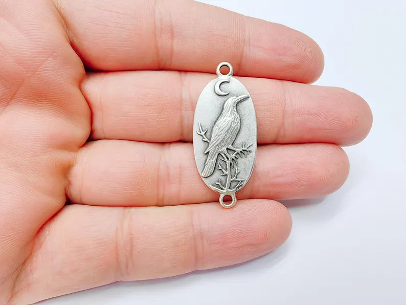 Raven Charm Connector, Gothic Boho Pendant, Bird and Moon Earring, Oval Celestial Mystical Necklace, Antique Silver Plated 38x17mm G37198