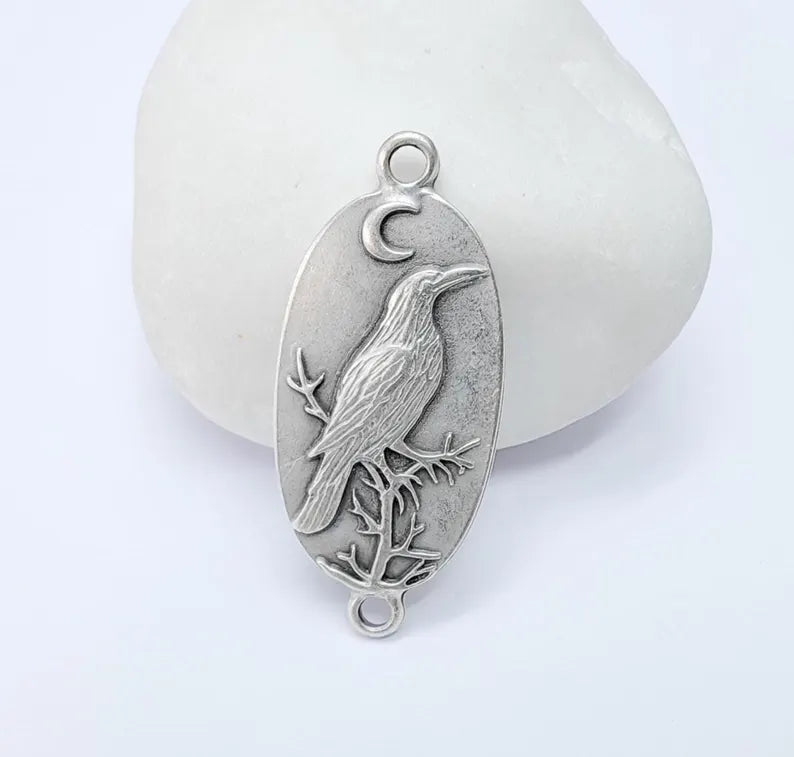 Raven Charm Connector, Gothic Boho Pendant, Bird and Moon Earring, Oval Celestial Mystical Necklace, Antique Silver Plated 38x17mm G37198