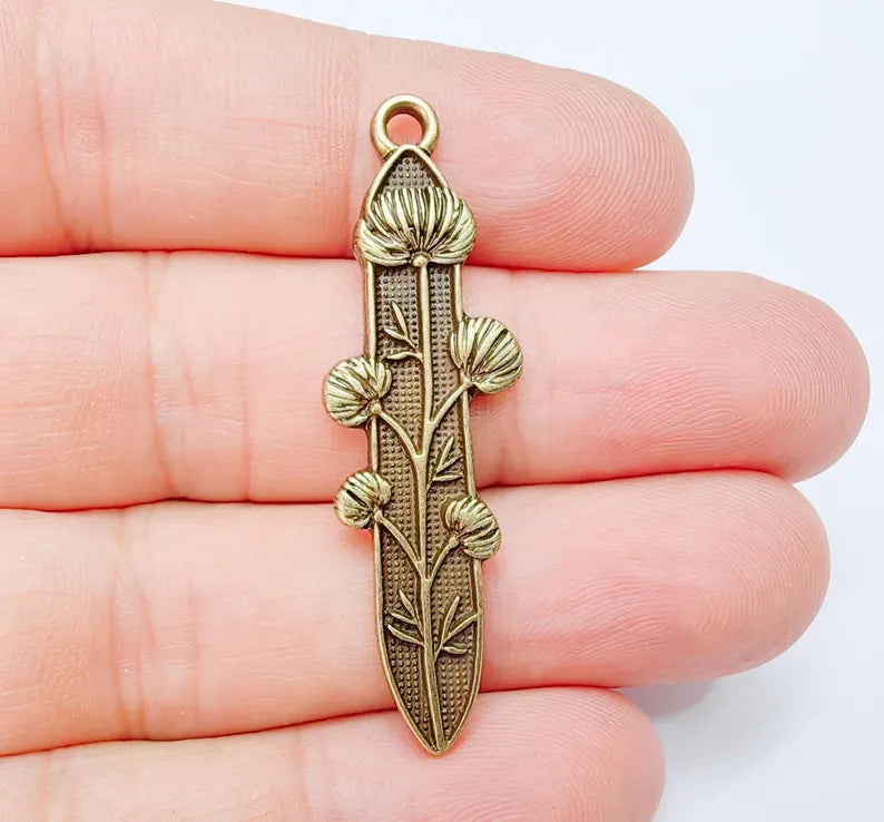 Thistle Pendant, Botanical Flower Charm for Necklace, Rustic Boho Jewelry Supply, Nature Jewelry Part, Antique Bronze Plated 42x15mm G37192 (Copy)