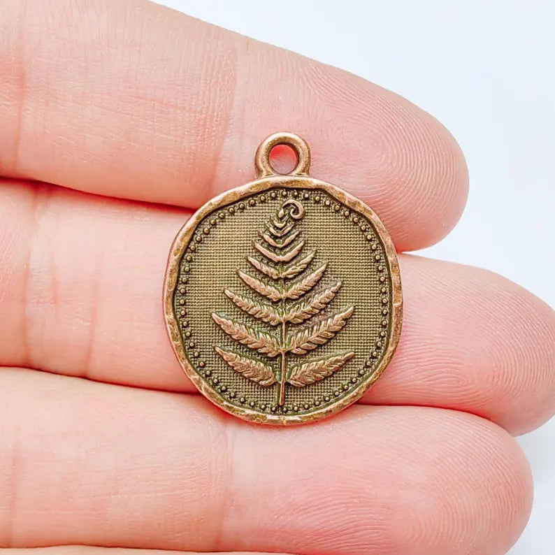 Fern Leaf Pendant Charm, Oval Botanical Jewelry, Nature Plant Medallion Necklace, Forest Leaf Earring, Antique Copper Plated 27x22mm G37203