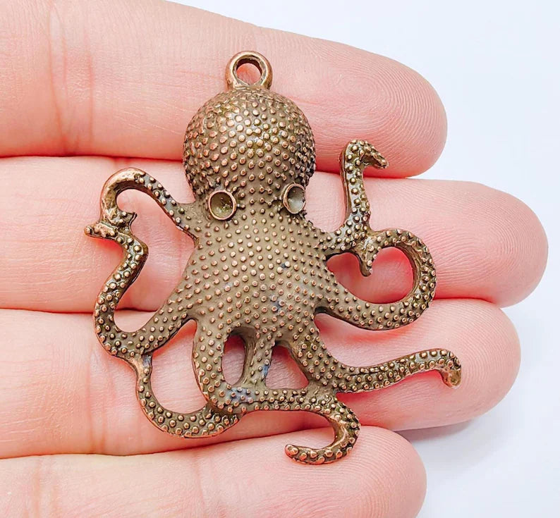 Octopus Pendant, Large Sea Life Charm, Nautical Statement Jewelry, Steampunk Boho Ocean Pendant, Antique Copper Plated 48x42mm G37205