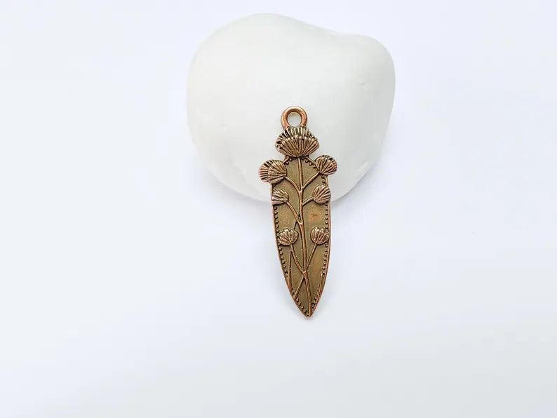 Thistle Pendant, Botanical Flower Charm for Necklace, Rustic Boho Jewelry Supply, Nature Jewelry Part, Antique Copper Plated 42x15mm G37206