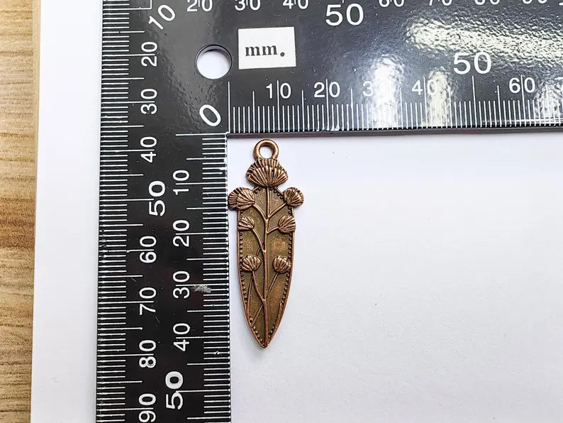 Thistle Pendant, Botanical Flower Charm for Necklace, Rustic Boho Jewelry Supply, Nature Jewelry Part, Antique Copper Plated 42x15mm G37206