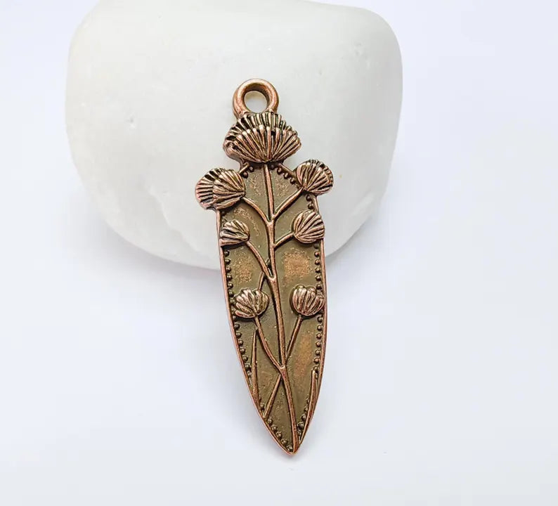 Thistle Pendant, Botanical Flower Charm for Necklace, Rustic Boho Jewelry Supply, Nature Jewelry Part, Antique Copper Plated 42x15mm G37206