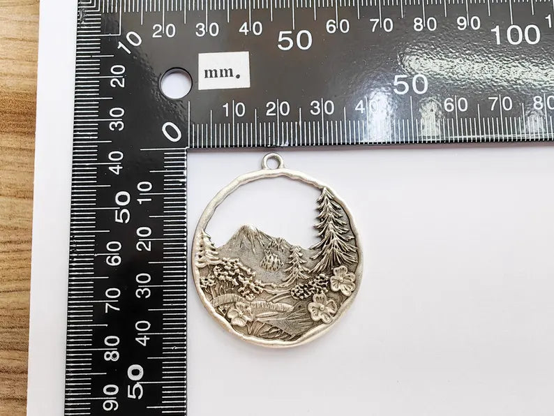 Mountain Tree and Flowers Pendant, Nature Forest Landscape Earring, Pine Tree Jewelry Component, Antique Silver Plated 44x39mm G37209