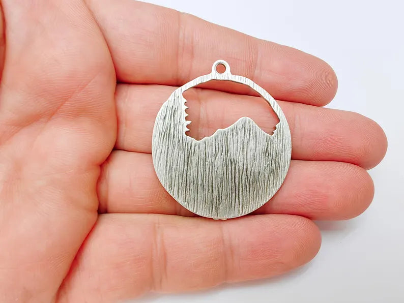 Mountain Tree and Flowers Pendant, Nature Forest Landscape Earring, Pine Tree Jewelry Component, Antique Silver Plated 44x39mm G37209