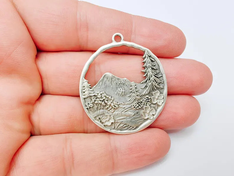 Mountain Tree and Flowers Pendant, Nature Forest Landscape Earring, Pine Tree Jewelry Component, Antique Silver Plated 44x39mm G37209