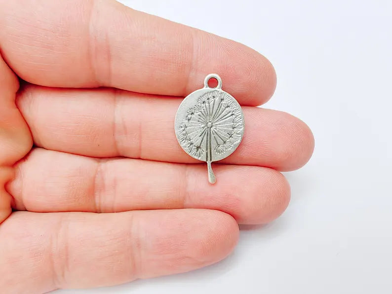 Dandelion Pendant, Botanical Wish Flower Charm, Boho Nature Necklace Part, Earring Making Supply, Antique Silver Plated 29x19mm G37208