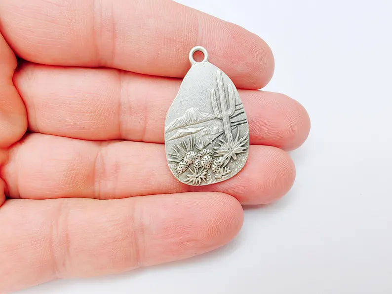Desert Landscape Pendant, Cactus Teardrop Charm, Southwestern Jewelry, Mountain Nature Boho Pendant, Antique Silver Plated 35x22mm G37210