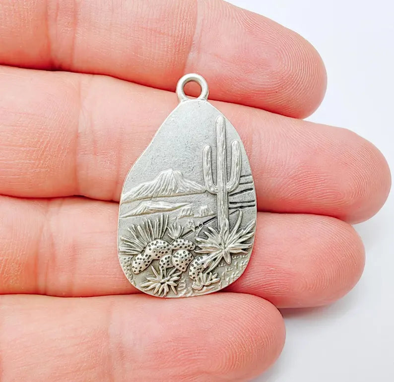 Desert Landscape Pendant, Cactus Teardrop Charm, Southwestern Jewelry, Mountain Nature Boho Pendant, Antique Silver Plated 35x22mm G37210