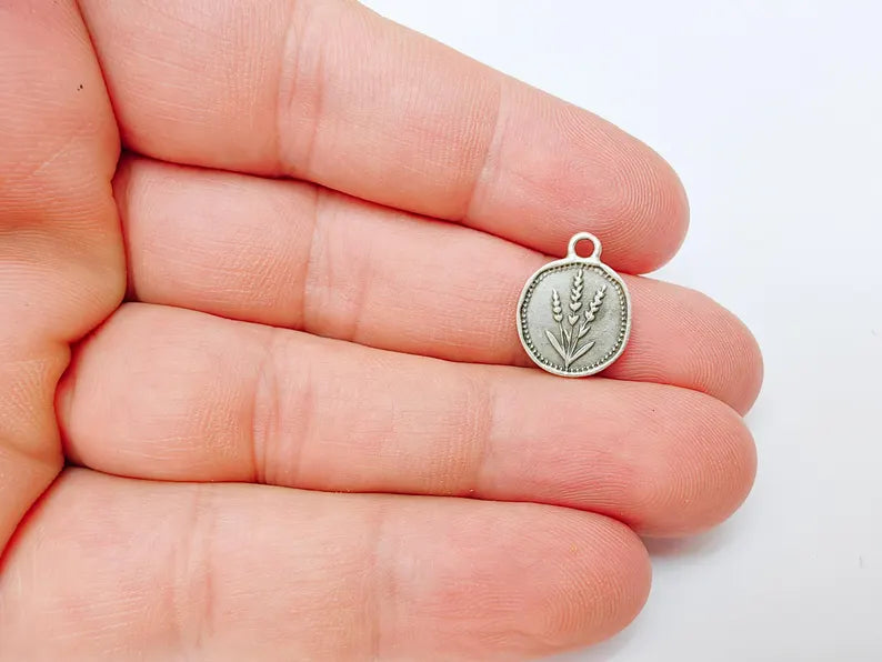 4 Lavender Flower Charm, Double Sided Botanical, Organic Shape Plant Charm, Nature Earring, Floral Tag, Antique Silver Plated 16x12mm G37211