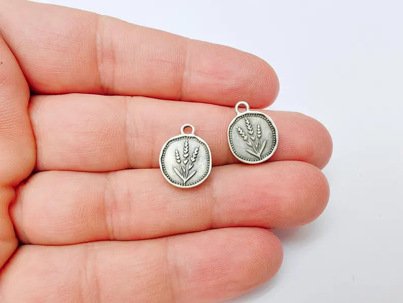4 Lavender Flower Charm, Double Sided Botanical, Organic Shape Plant Charm, Nature Earring, Floral Tag, Antique Silver Plated 16x12mm G37211