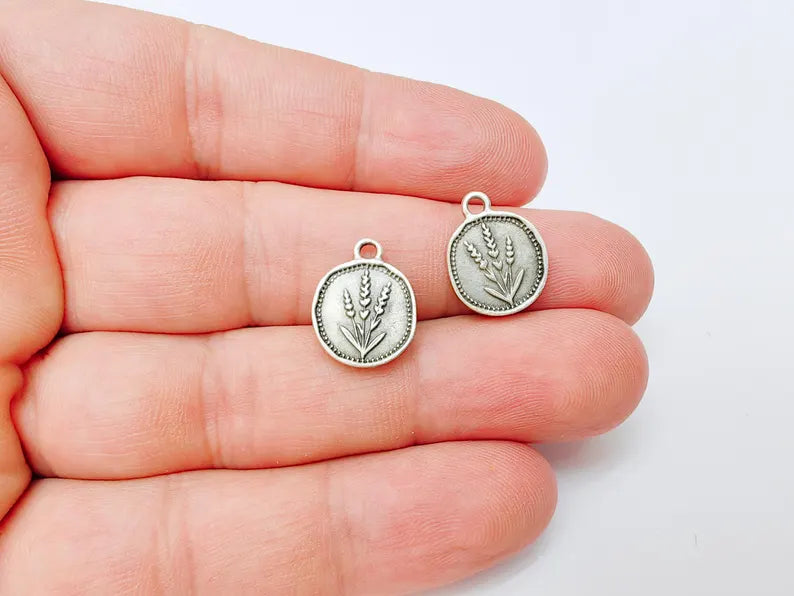 4 Lavender Flower Charm, Double Sided Botanical, Organic Shape Plant Charm, Nature Earring, Floral Tag, Antique Silver Plated 16x12mm G37211