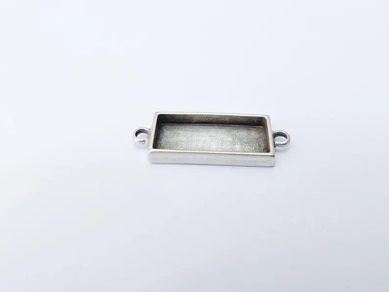 Rectangle Bezel Connector, Double Loop Cabochon Blank, Resin Bases, Mosaic Mounting, Epoxy Setting, Antique Silver Plated 25x10mm G37213