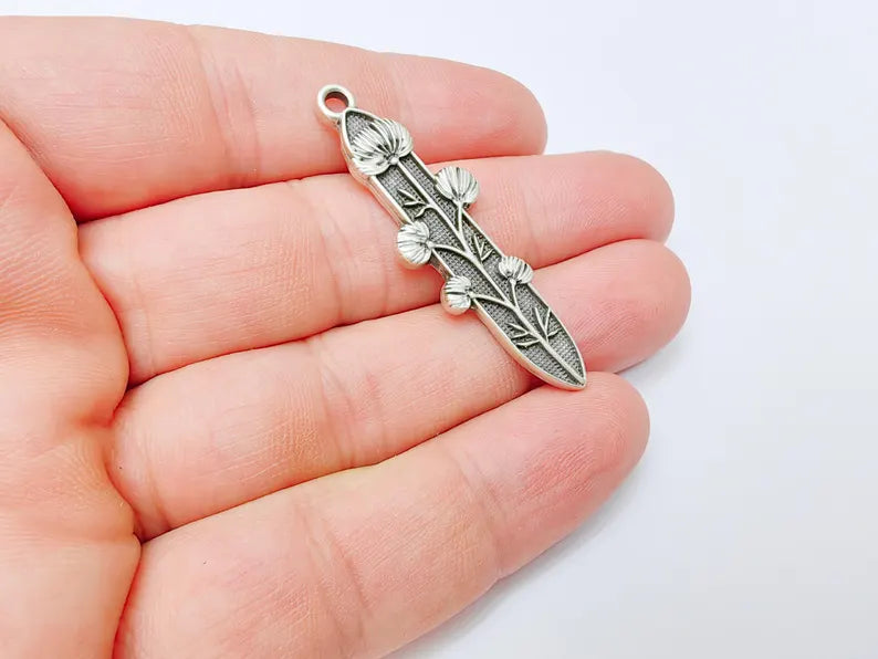 Thistle Flower Pendant, Slim Silver Botanical Charm, Wild Nature Jewelry Part, Vintage Plant Supply, Antique Silver Plated 48x14mm G37215