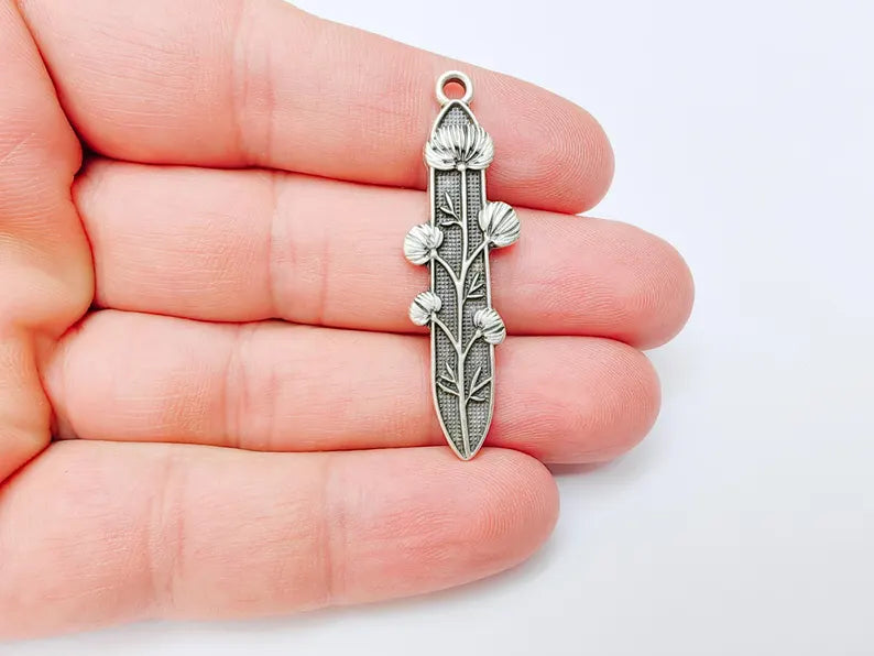 Thistle Flower Pendant, Slim Silver Botanical Charm, Wild Nature Jewelry Part, Vintage Plant Supply, Antique Silver Plated 48x14mm G37215