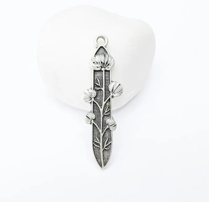 Thistle Flower Pendant, Slim Silver Botanical Charm, Wild Nature Jewelry Part, Vintage Plant Supply, Antique Silver Plated 48x14mm G37215