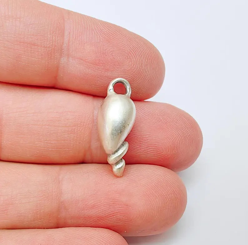 2 Sea Shell Pendant, Double Sided Spiral Charm, Nautical Ocean Jewelry Making Supply, Beach Bead, Antique Silver Plated 22x8mm G37217