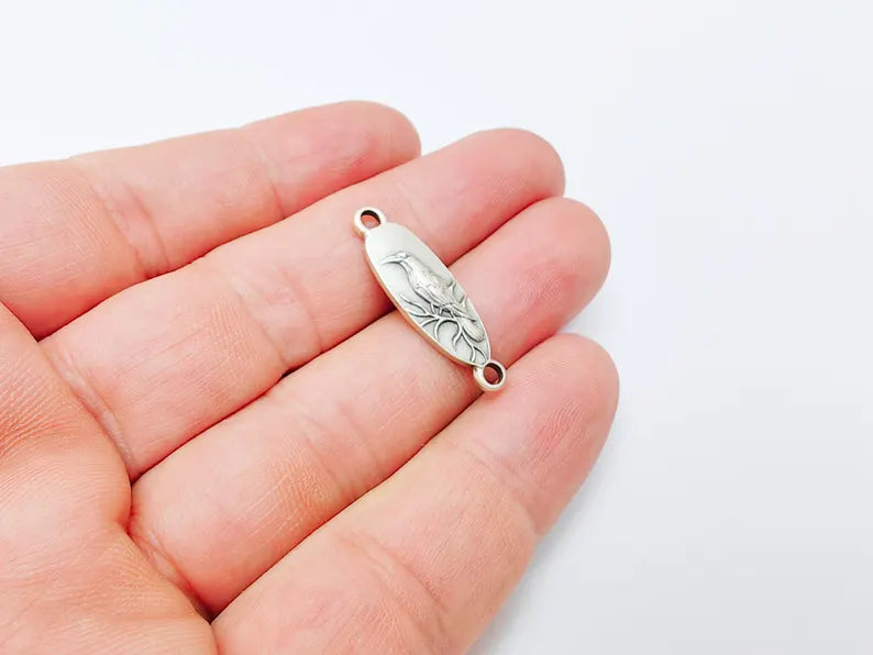 4 Raven Connector Charm Pendant, Gothic Boho Charm, Nature Earring Charm, Mystical Bird, Necklace Parts, Antique Silver Plated 30x9mm G37218