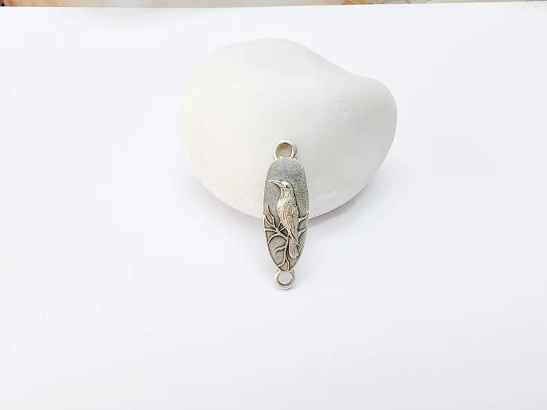 4 Raven Connector Charm Pendant, Gothic Boho Charm, Nature Earring Charm, Mystical Bird, Necklace Parts, Antique Silver Plated 30x9mm G37218