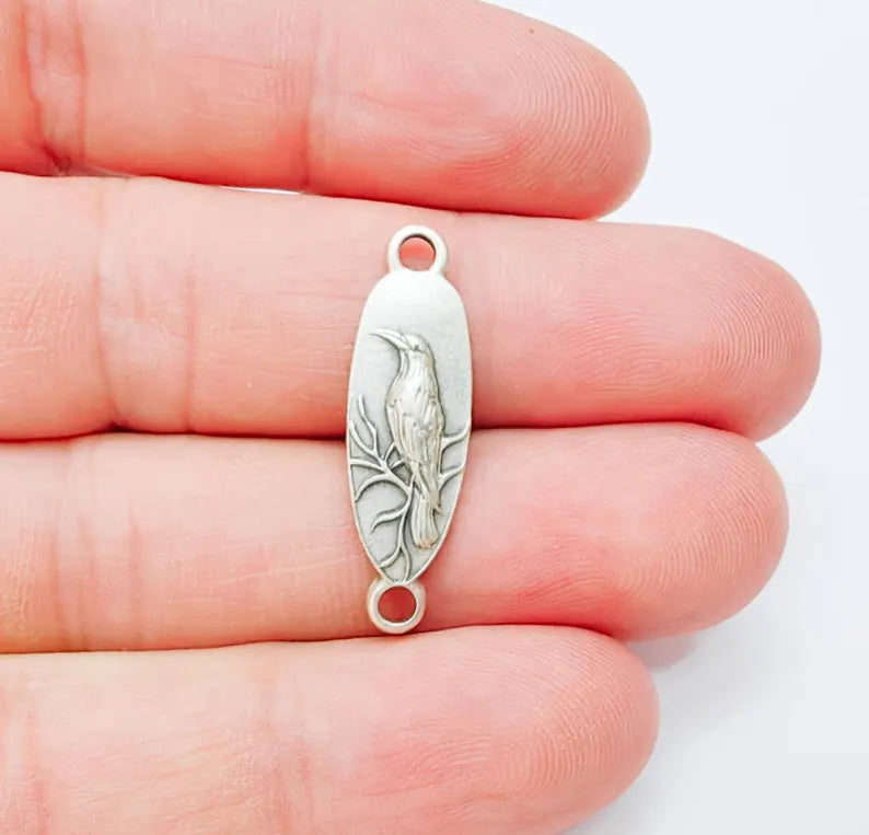 4 Raven Connector Charm Pendant, Gothic Boho Charm, Nature Earring Charm, Mystical Bird, Necklace Parts, Antique Silver Plated 30x9mm G37218