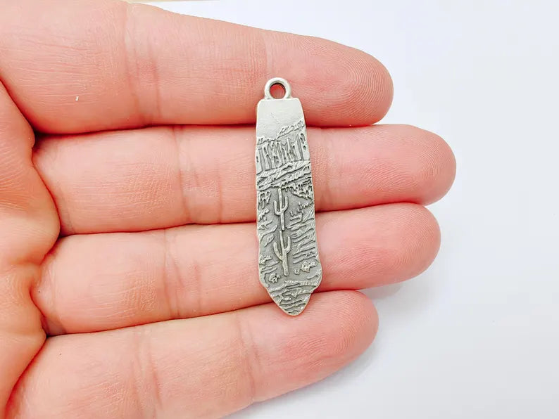 Desert Landscape Pendant, Cactus Charm, Long Vertical Metal Drop, Nature Jewelry, Boho Western Charm, Antique Silver Plated 43x11mm G37219