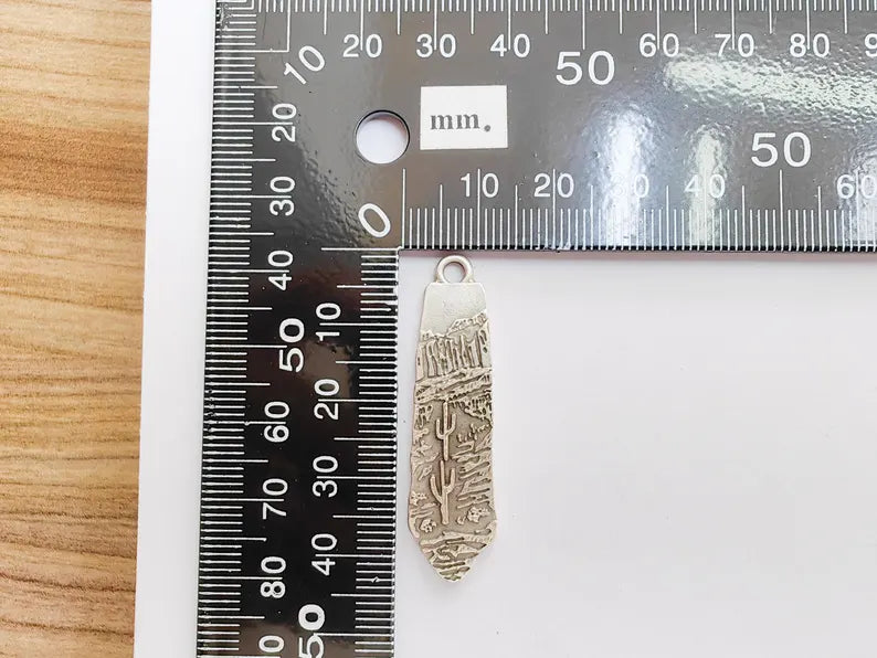Desert Landscape Pendant, Cactus Charm, Long Vertical Metal Drop, Nature Jewelry, Boho Western Charm, Antique Silver Plated 43x11mm G37219