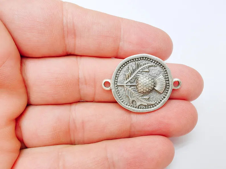 Thistle Connector Charms, Silver Flower Charms, Boho Charms, Earring Charms, Necklace Parts, Antique Silver Plated 33x24mm G37220