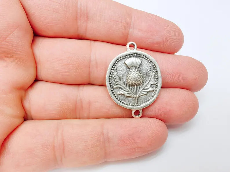 Thistle Connector Charms, Silver Flower Charms, Boho Charms, Earring Charms, Necklace Parts, Antique Silver Plated 33x24mm G37220