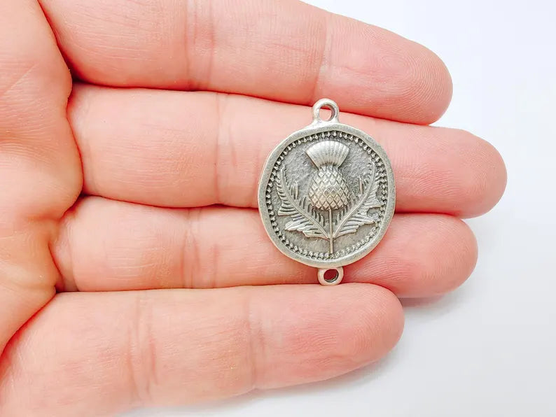 Thistle Connector Charms, Silver Flower Charms, Boho Charms, Earring Charms, Necklace Parts, Antique Silver Plated 33x24mm G37220
