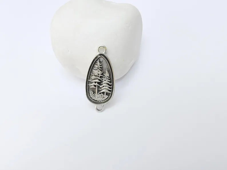 2 Pine Tree Forest Connector Charms, Nature Pendant Boho Earring Charms, Dangle Necklace Part, Antique Silver Plated Zamac 30x14mm G37224