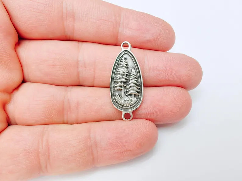 2 Pine Tree Forest Connector Charms, Nature Pendant Boho Earring Charms, Dangle Necklace Part, Antique Silver Plated Zamac 30x14mm G37224
