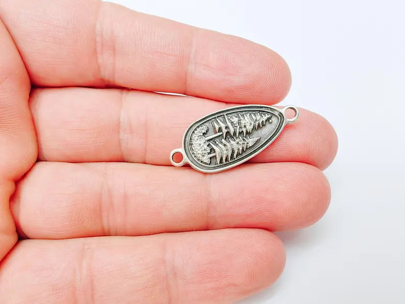 2 Pine Tree Forest Connector Charms, Nature Pendant Boho Earring Charms, Dangle Necklace Part, Antique Silver Plated Zamac 30x14mm G37224