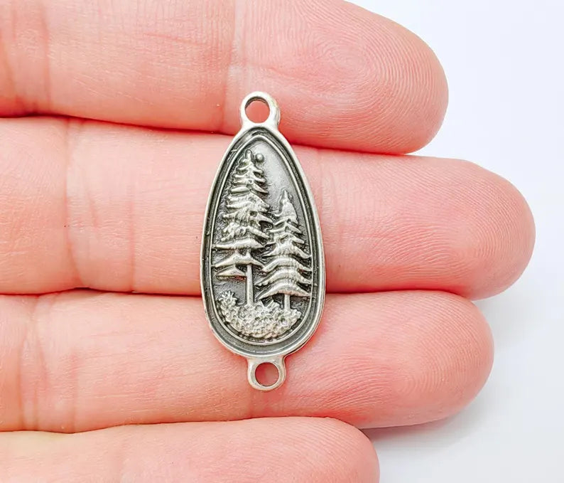 2 Pine Tree Forest Connector Charms, Nature Pendant Boho Earring Charms, Dangle Necklace Part, Antique Silver Plated Zamac 30x14mm G37224