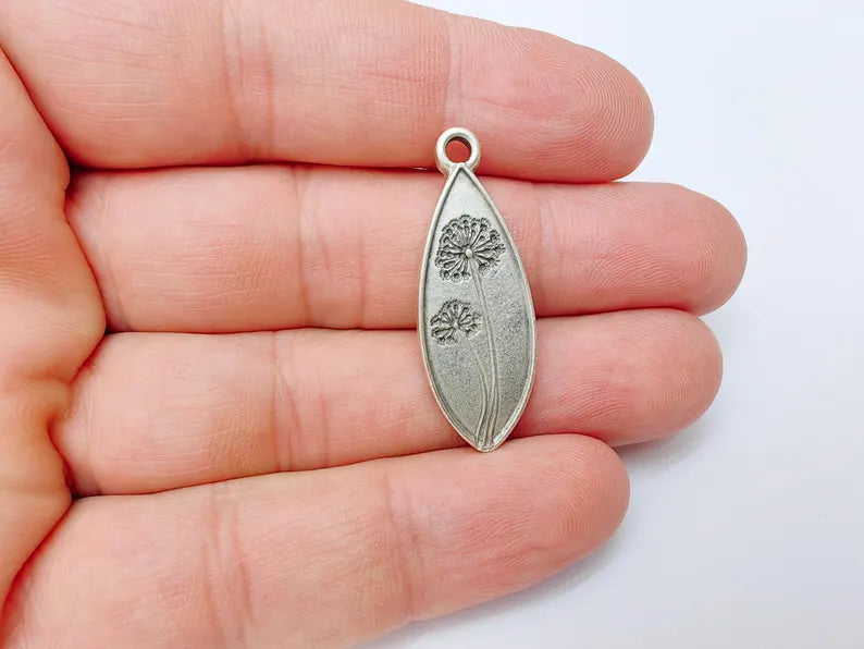 Dandelion Charm, Dandelion Flower Pendant, Wish Symbol Earring, Boho Nature Necklace Making Part, Antique Silver Plated 36x13mm G37226