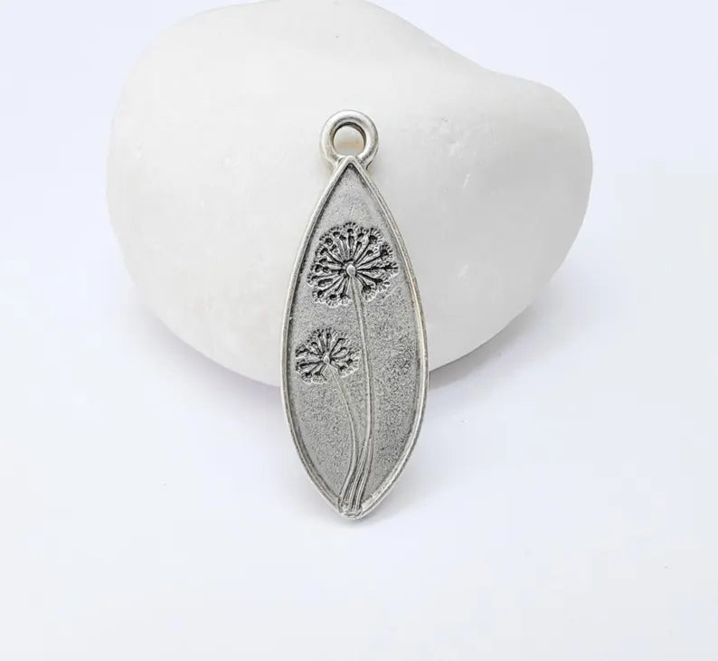 Dandelion Charm, Dandelion Flower Pendant, Wish Symbol Earring, Boho Nature Necklace Making Part, Antique Silver Plated 36x13mm G37226
