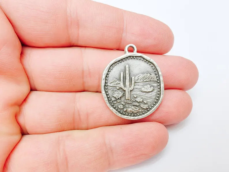 Desert Landscape Pendant, Cactus Teardrop Charm, Southwestern Jewelry, Mountain Nature Boho Pendant, Antique Silver Plated 35x22mm G37227